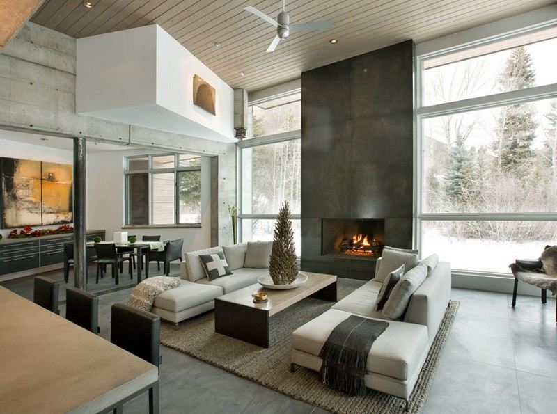 Sitzecke im Kaminzimmer gestalten - moderner Landhausstil Kaminzimmer-einrichten-grau-Naturstein-Nuance